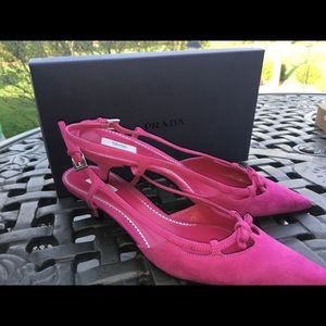 Suede Prada kitten heel sling backs!